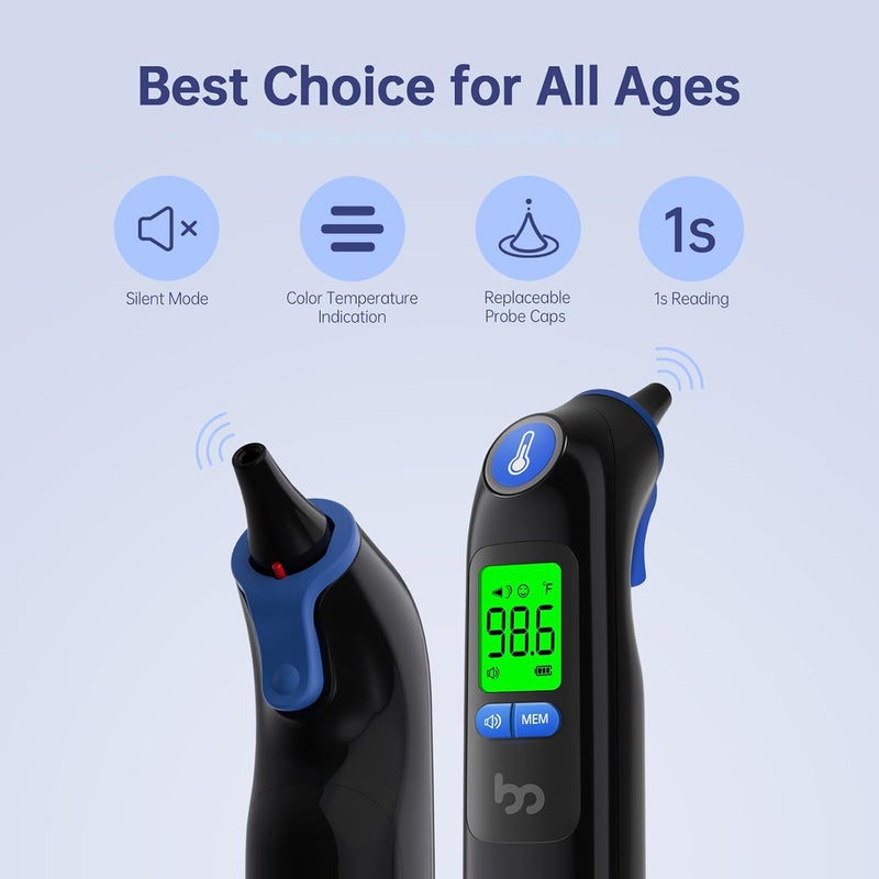 Femometer Ear Thermometer, Highly Accurate Ear Thermometer for Kids, Adults and Babies, 30 Memory Recall, 1s Result and 3-Color Fever Alert, with 24 Disposable Probe Covers, Blue - Image 4